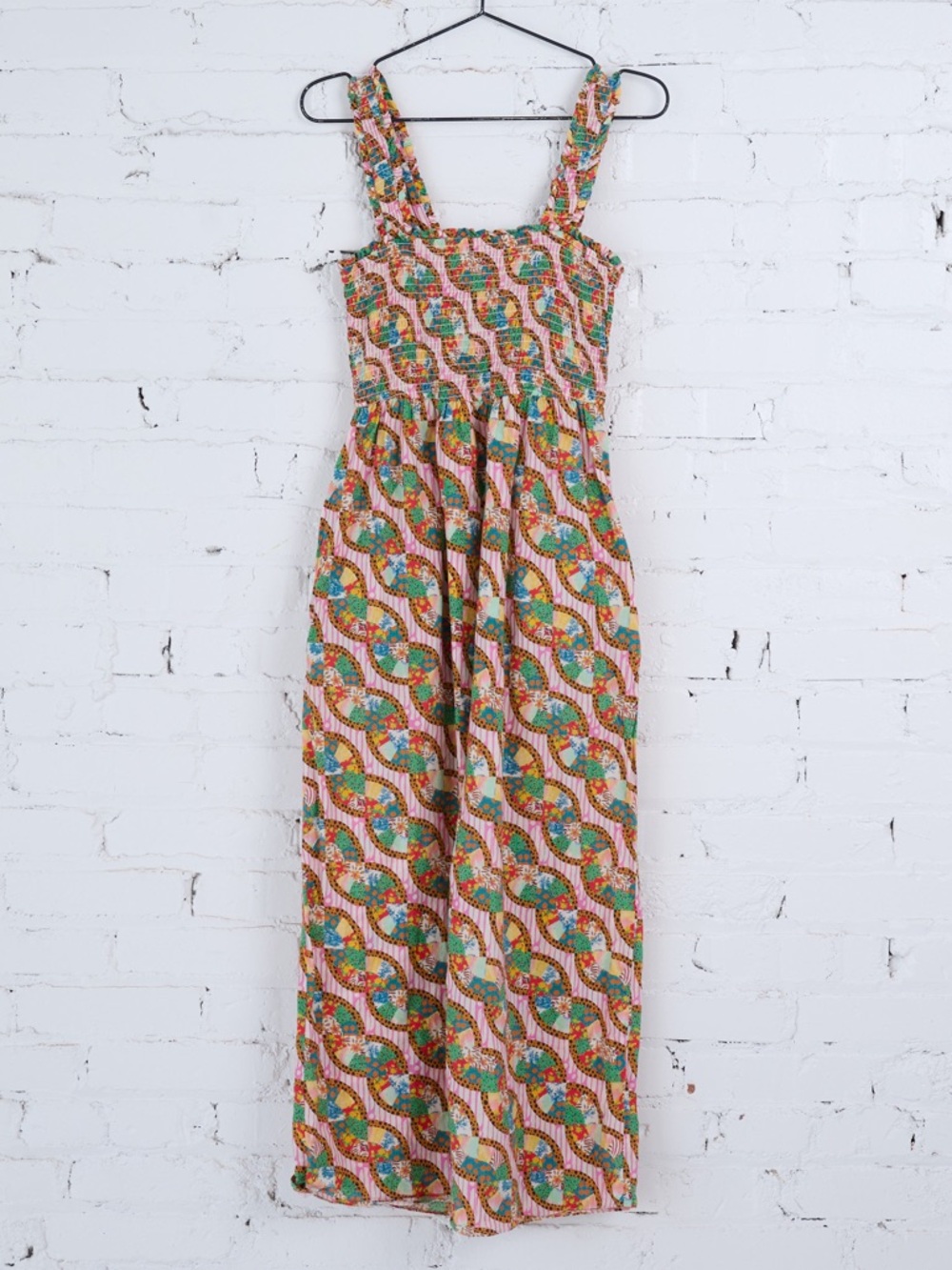 RHODE Maggie Smocked Patchwork Cotton Maxi Dress sz Small